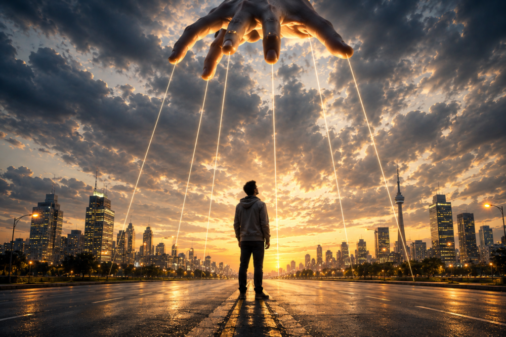 A person standing beneath giant puppet strings representing social expectations and societal pressure.