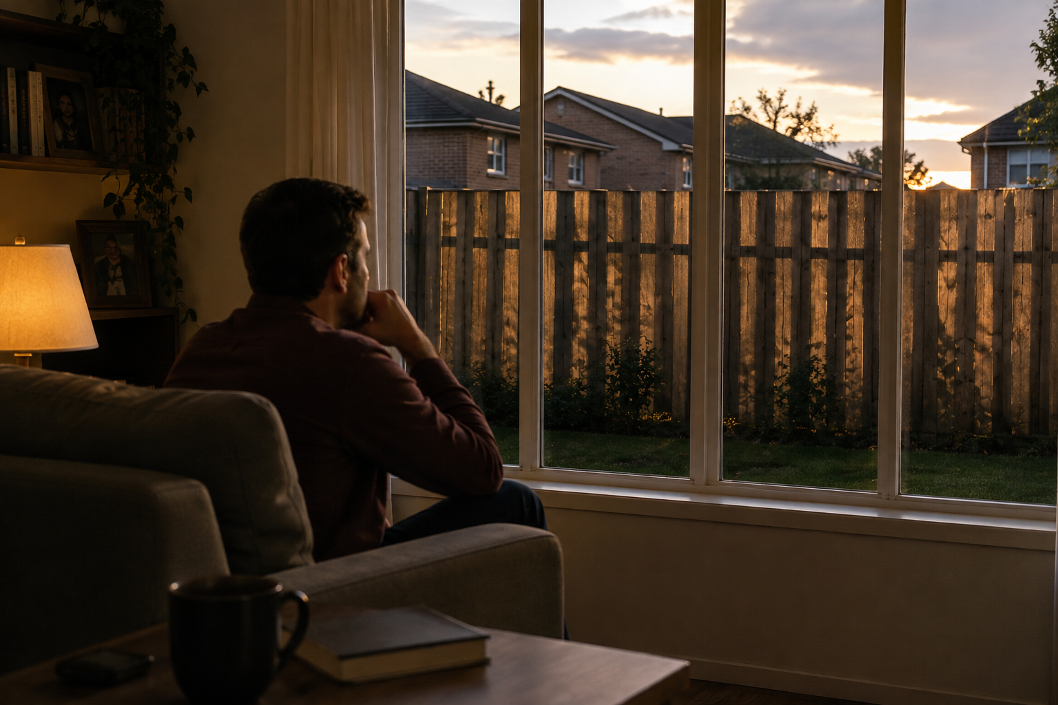 Man looking through a window from the comfort of his home